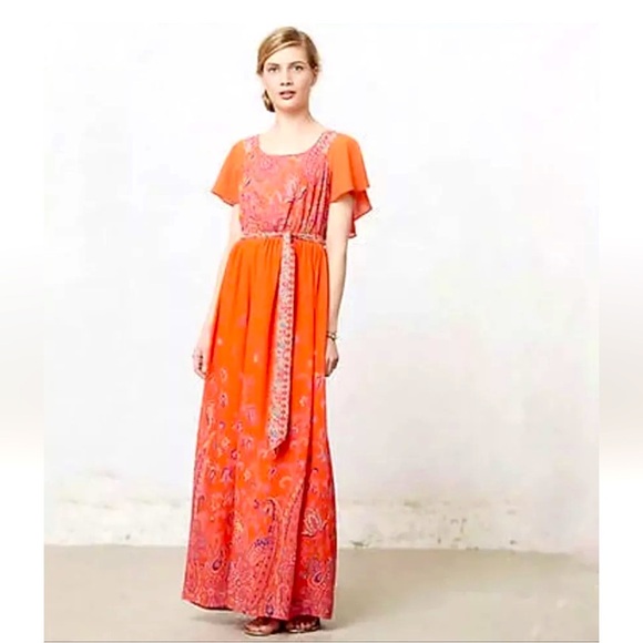 Maeve Dresses & Skirts - Anthropologie Maeve Blushed Paisley Orange Floral Maxi Dress Boho Sari Sz 8